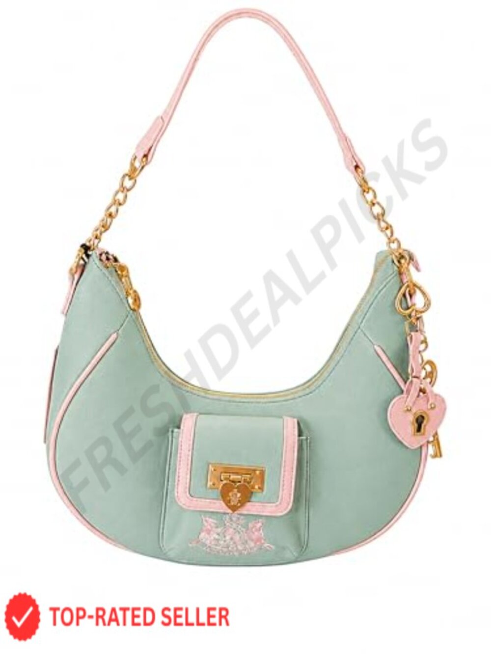 Faux Leather Hobo Bag with Gold-Tone Hardware, Heart Lock Charm, Crescent